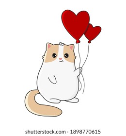 Un gato de dibujos animados con globos. Feliz tarjeta de felicitación de San Valentín. Ilustración vectorial.