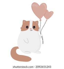 Cute cartoon cat with balloons. Happy Valentine's day greeting card. Vector illustration.