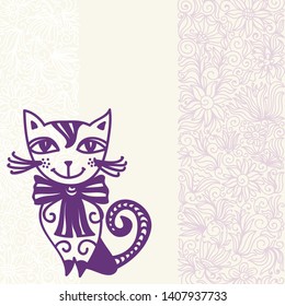 Cute cartoon cat and beautiful floral pattern background. Vector illustration