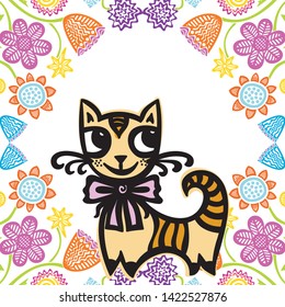 Cute cartoon cat and beautiful floral background. Vector illustration