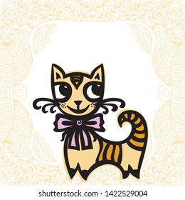 Cute cartoon cat and beautiful floral background. Vector illustration