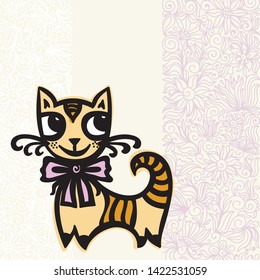 Cute cartoon cat and beautiful floral background. Vector illustration
