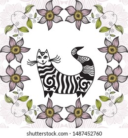 Cute cartoon cat and beautiful floral background. Vector illustration