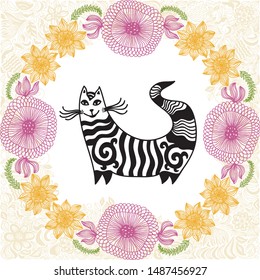 Cute cartoon cat and beautiful floral background. Vector illustration