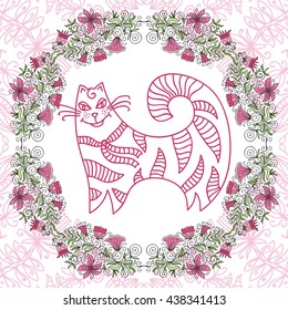 Cute cartoon cat and beautiful floral pattern frame. Vector illustration.