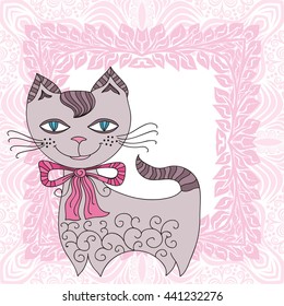 Cute cartoon cat and beautiful floral frame. Vector illustration.