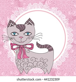 Cute cartoon cat and beautiful floral frame. Vector illustration.