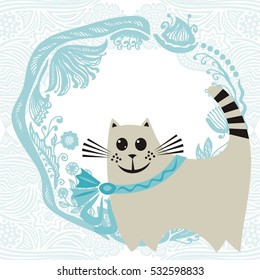 Cute cartoon cat with beautiful floral background. Vector illustration.