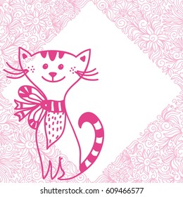 Cute cartoon cat and beautiful floral background. Vector illustration.