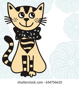 Cute cartoon cat and beautiful floral background. Vector illustration.