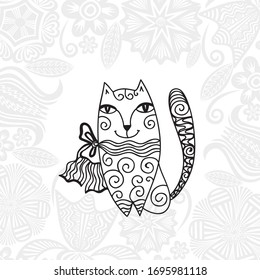 Cute cartoon cat and beautiful pattern background. Vector illustration