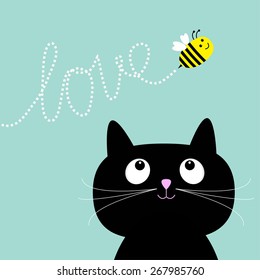 Cute cartoon cat. Bee dash line love Flat design style. Vector illustration