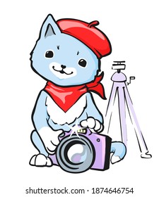 Cute Cartoon Cat With Beret And Bandana Taking A Photo Shot With Dslr Camera. Young Artist Kitten Photographer, Tripod, Cute Animal Accessories Theme Illustration 