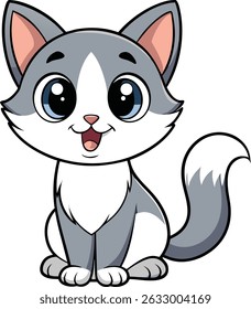 Cute cartoon cat with big blue eyes sitting and smiling. Gray and white fur. Isolated on white background. Vector illustration.