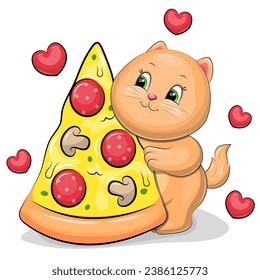 Cute cartoon cat with a big piece of pizza. Vector illustration of animal on a white background with red hearts.