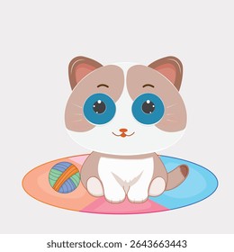 A cute cartoon cat with big round eyes, tiny paws, and a fluffy tail sits peacefully, looking adorable and playful with a gentle smile on its face. Cat illustration.
