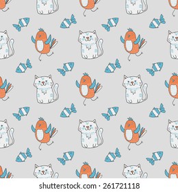 Cute cartoon cat, bird and fish seamless pattern