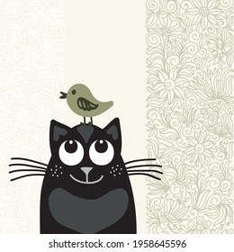 Cute cartoon cat with bird. Vector illustration