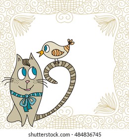 Cute cartoon cat and bird. Vector illustration.