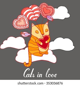 Cute cartoon cat with birds and cuddle pillow falls in love and flies in seventh heaven on patterned heart like balloons, vector design for Saint Valentine's Day