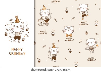 Cute cartoon cat birthday card template. Kids seamless background. Hand drawn cartoon design illustration. 