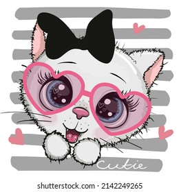 Cute cartoon cat with a black bow and heart shaped glasses