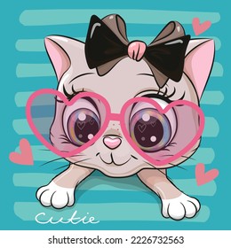 Cute cartoon cat with a black bow and heart shaped glasses