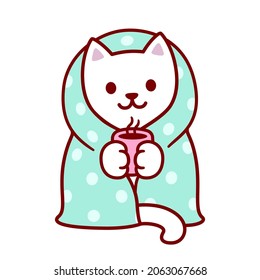 Cute cartoon cat with blanket and cup of hot tea. Kawaii white kitten in warm cozy blanket. Isolated vector clip art illustration.