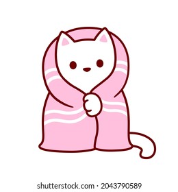 Cute cartoon cat with blanket. Kawaii white kitten in cozy pink blanket. Isolated vector clip art illustration.