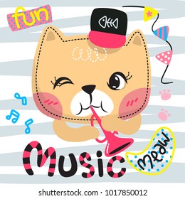 Cute cartoon cat blowing trumpet on striped background illustration vector.
