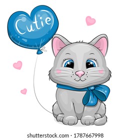 Cute cartoon cat with blue bow and balloon. Vector illustration of animal isolated on white.