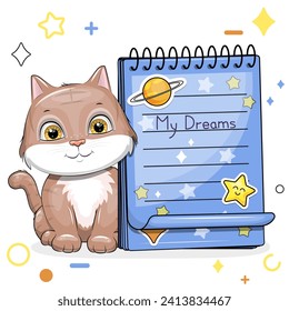 A cute cartoon cat and a blue notebook with stickers. Vector illustration of animal on a white background with stars, circles.