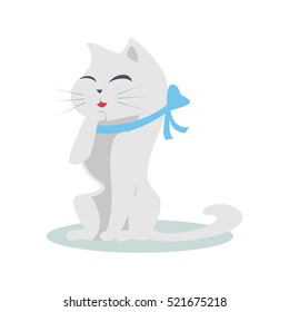 Cute cartoon cat with blue ribbon. The gray cat washes, licks a paw. Cat is washing itself. Cat icon. Pet icon. Isolated vector illustration on white background