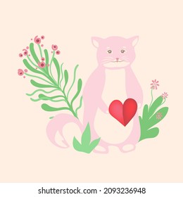 Cute cartoon cat with bouquet of flowers and heart for valentine's day