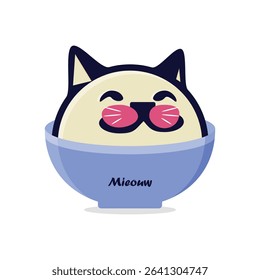 Cute cartoon cat in a bowl saying meow