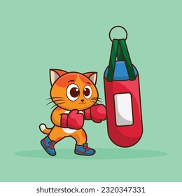 Cute Cartoon cat boxer wearing boxing gloves hitting the punching bag training and exercising in the gym. Cartoon Vector Workout Icon Illustration, Gym animal mascot logos, cute sticker, cartoon style