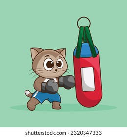 Cute Cartoon cat boxer wearing boxing gloves hitting the punching bag training and exercising in the gym. Cartoon Vector Workout Icon Illustration, Gym animal mascot logos, cute sticker, cartoon style