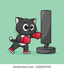 Cute Cartoon cat boxer wearing boxing gloves hitting the punching bag training and exercising in the gym. Cartoon Vector Workout Icon Illustration, Gym animal mascot logos, cute sticker, cartoon style