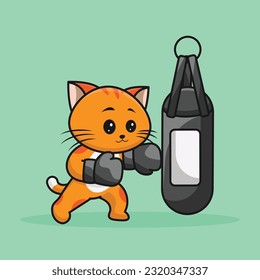 Cute Cartoon cat boxer wearing boxing gloves hitting the punching bag training and exercising in the gym. Cartoon Vector Workout Icon Illustration, Gym animal mascot logos, cute sticker, cartoon style