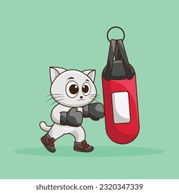 Cute Cartoon cat boxer wearing boxing gloves hitting the punching bag training and exercising in the gym. Cartoon Vector Workout Icon Illustration, Gym animal mascot logos, cute sticker, cartoon style