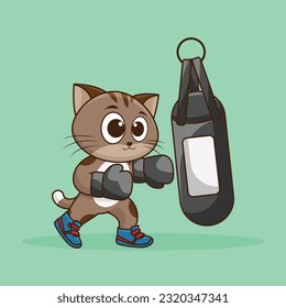 Cute Cartoon cat boxer wearing boxing gloves hitting the punching bag training and exercising in the gym. Cartoon Vector Workout Icon Illustration, Gym animal mascot logos, cute sticker, cartoon style