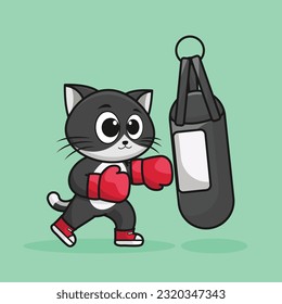 Un boxeador de gatos de dibujos animados con guantes de boxeo golpeando el entrenamiento de sacos de boxeo y haciendo ejercicio en el gimnasio. Ilustración del icono de entrenamiento de vectores de dibujos animados, logotipos de mascotas de animales de gimnasia, pegatina, estilo de dibujos animados