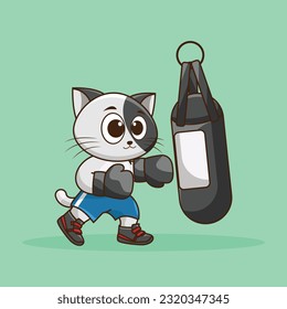 Cute Cartoon cat boxer wearing boxing gloves hitting the punching bag training and exercising in the gym. Cartoon Vector Workout Icon Illustration, Gym animal mascot logos, cute sticker, cartoon style