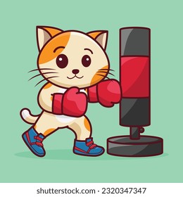 Cute Cartoon cat boxer wearing boxing gloves hitting the punching bag training and exercising in the gym. Cartoon Vector Workout Icon Illustration, Gym animal mascot logos, cute sticker, cartoon style