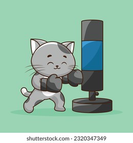 Cute Cartoon cat boxer wearing boxing gloves hitting the punching bag training and exercising in the gym. Cartoon Vector Workout Icon Illustration, Gym animal mascot logos, cute sticker, cartoon style