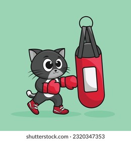 Cute Cartoon cat boxer wearing boxing gloves hitting the punching bag training and exercising in the gym. Cartoon Vector Workout Icon Illustration, Gym animal mascot logos, cute sticker, cartoon style