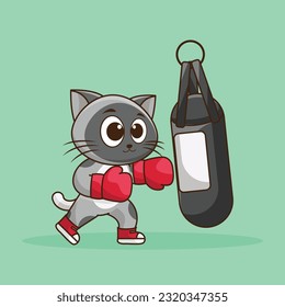 Cute Cartoon cat boxer wearing boxing gloves hitting the punching bag training and exercising in the gym. Cartoon Vector Workout Icon Illustration, Gym animal mascot logos, cute sticker, cartoon style