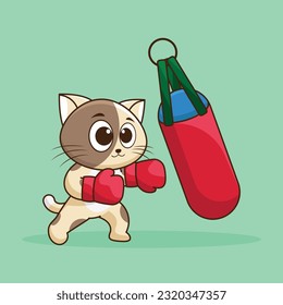 Cute Cartoon cat boxer wearing boxing gloves hitting the punching bag training and exercising in the gym. Cartoon Vector Workout Icon Illustration, Gym animal mascot logos, cute sticker, cartoon style