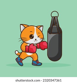 Cute Cartoon cat boxer wearing boxing gloves hitting the punching bag training and exercising in the gym. Cartoon Vector Workout Icon Illustration, Gym animal mascot logos, cute sticker, cartoon style