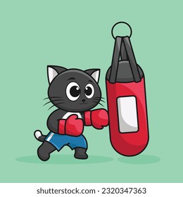 Cute Cartoon cat boxer wearing boxing gloves hitting the punching bag training and exercising in the gym. Cartoon Vector Workout Icon Illustration, Gym animal mascot logos, cute sticker, cartoon style